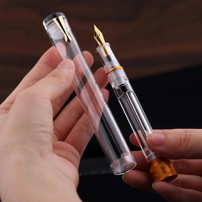 Majohn V1 Vacuum Filling Fountain Pen Extra Fine Nib, Transparent Acrylic Demonstration Writing Gift Pen with Box (Golden Clip)