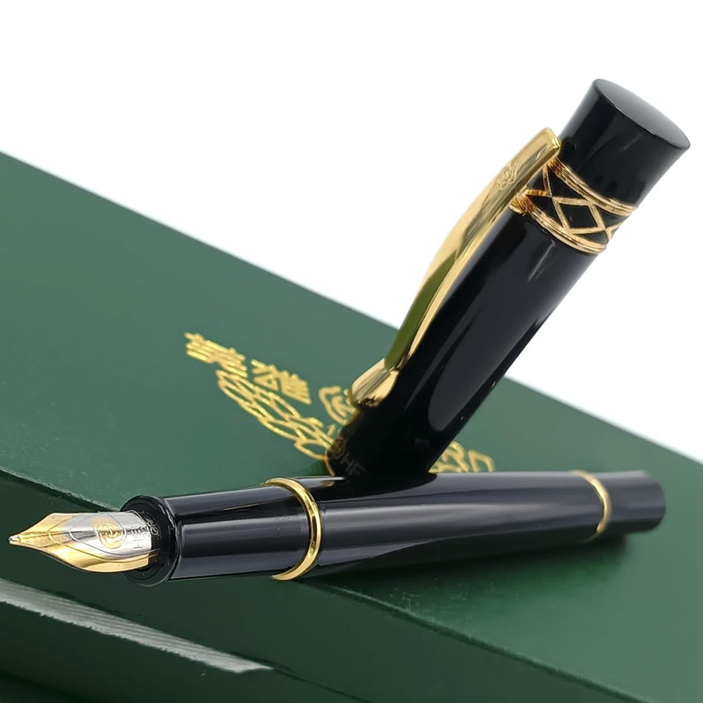 Hero 375 Black Fountain Pen with 0.5mm Fine Nib and Gold Trims - Includes Ink Converter, Elegant Gift for Office and Students