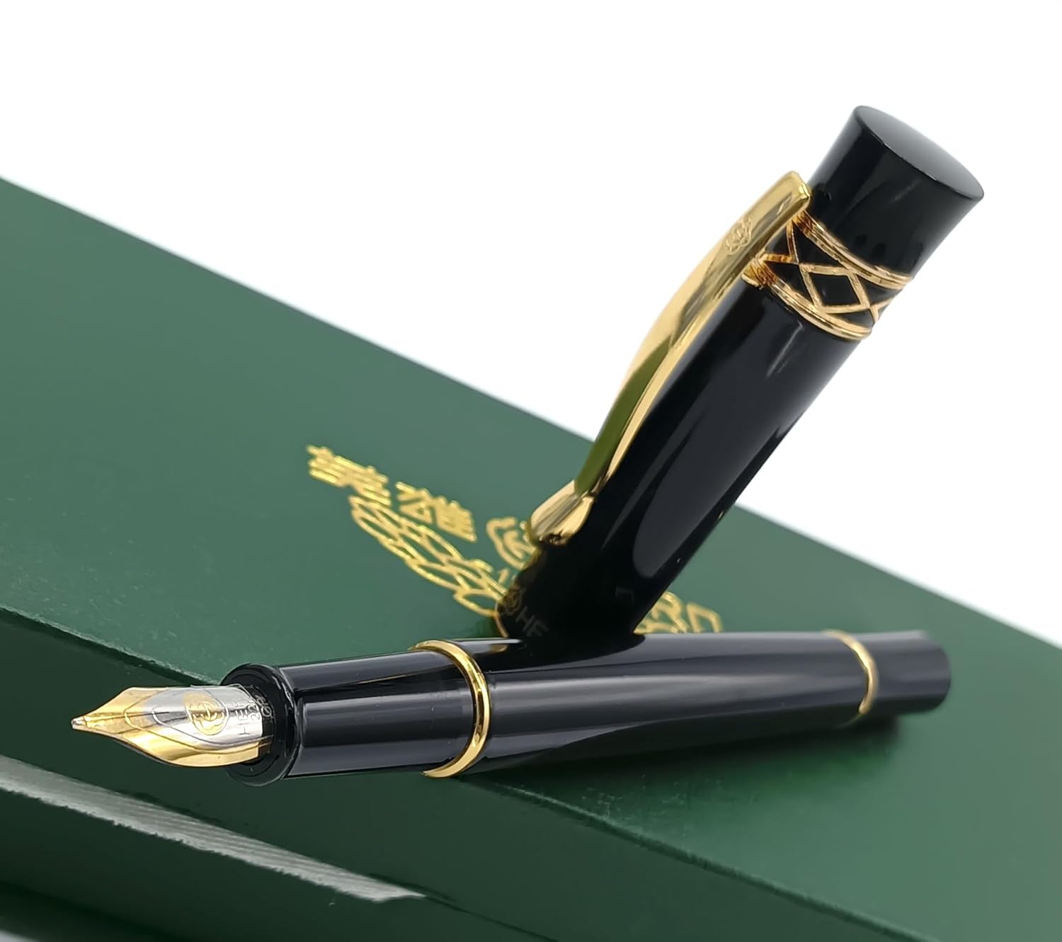 Hero 375 Black Fountain Pen with 0.5mm Fine Nib and Gold Trims - Includes Ink Converter, Elegant Gift for Office and Students