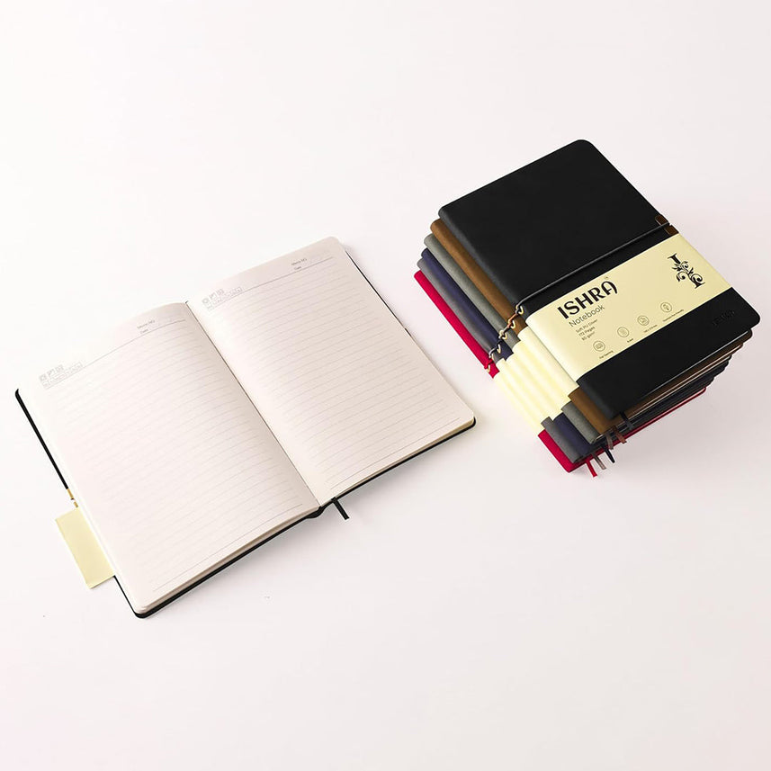 ISHRA A5 Size Ruled Notebook | Ideal Note Book Journal Diary for Work Office Writing Journaling Note Taking Travel | Black Soft Cover| 172 Pages | 80gsm | Fountain Pen Friendly Paper