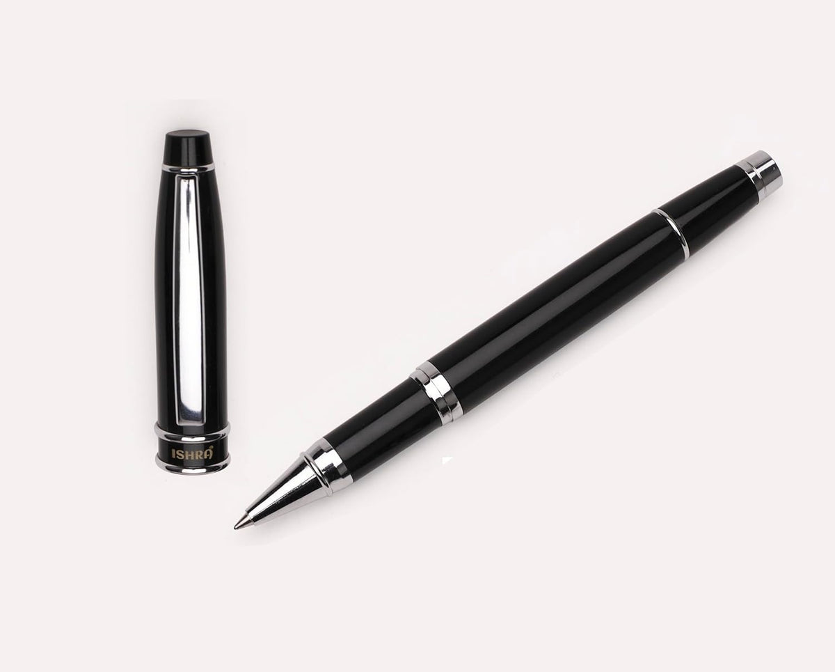 ISHRA Chrome Trim Roller Ball Pen – Black Ink