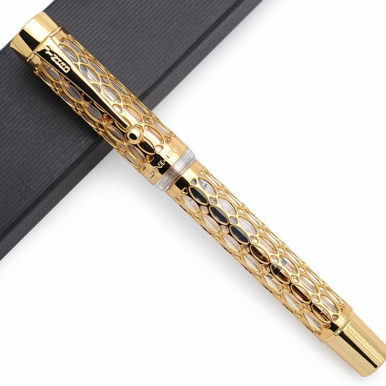 Jinhao 100 Fountain Pen – Transparent Resin & Gold Metal Grid Skeleton Design, Medium Nib with Ink Converter
