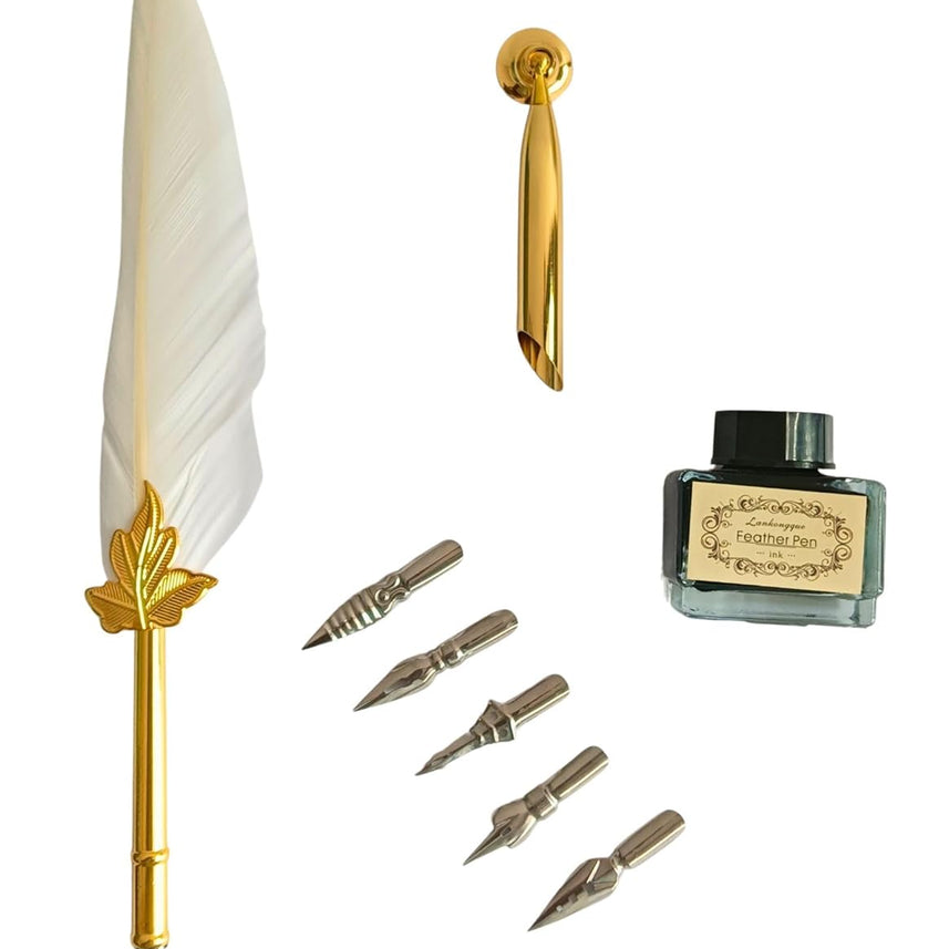 Feather Quill Pen and Ink Set – Antique Calligraphy Dip Pen with 5 Extra Nibs, Vintage Writing & Calligraphy Set