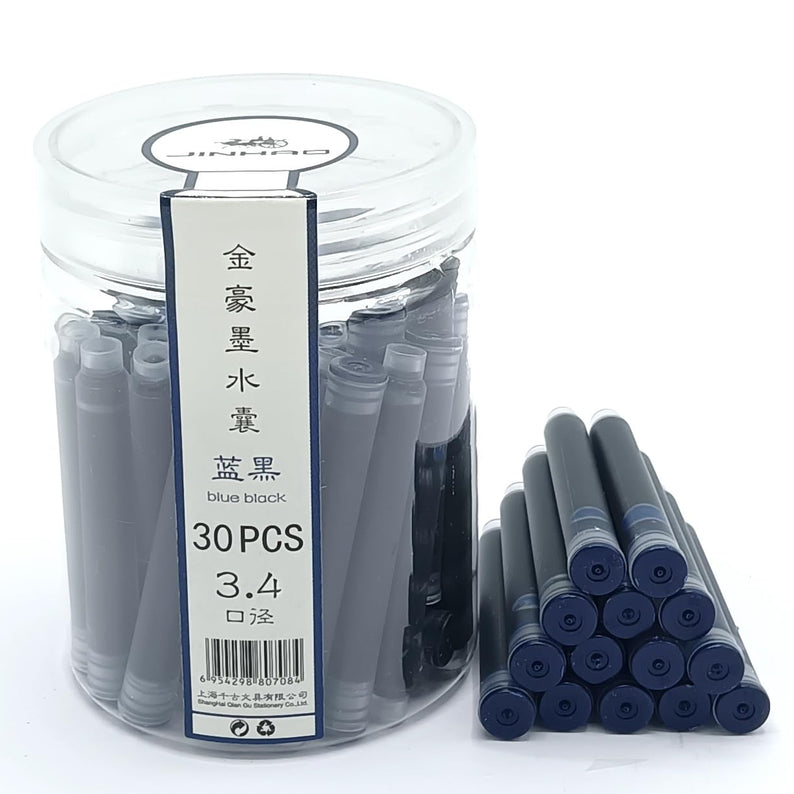 Jinhao Fountain Pen Ink Cartridges Refills, Disposable and Universal – 3.4mm Bore Diameter 30Pcs Ink Cartridges Jar for School, Student, and Office (Blue Black)