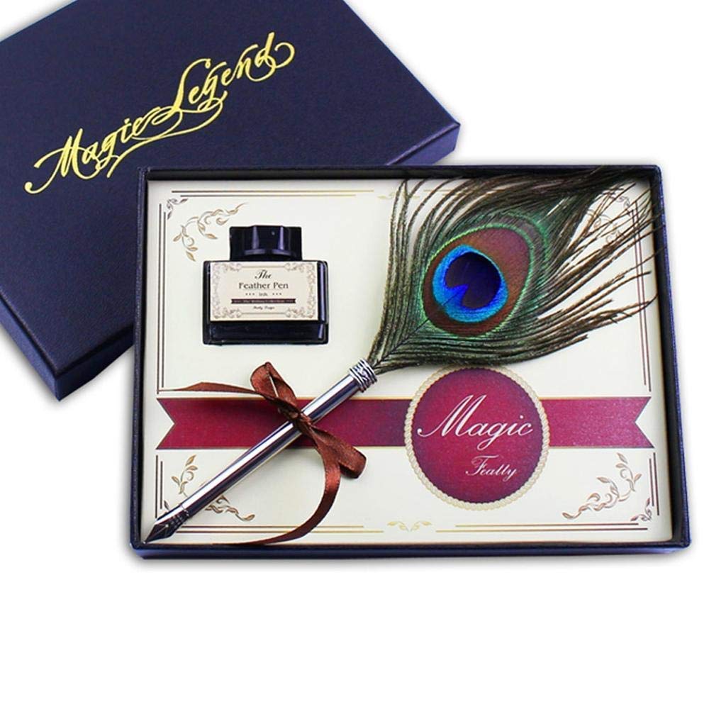 Peacock Feather Quill Dip Pen 0.5mm Fine Nib Writing Ink Set with Gift Box – Steel Ink Stationery Set for Calligraphy & Creative Writing