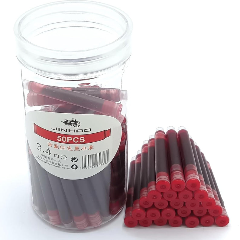 Jinhao Ink Cartridges Refills, Disposable and Universal – 3.4mm Bore Diameter 50Pcs Ink Cartridges Jar for School, Student, and Office (Red)