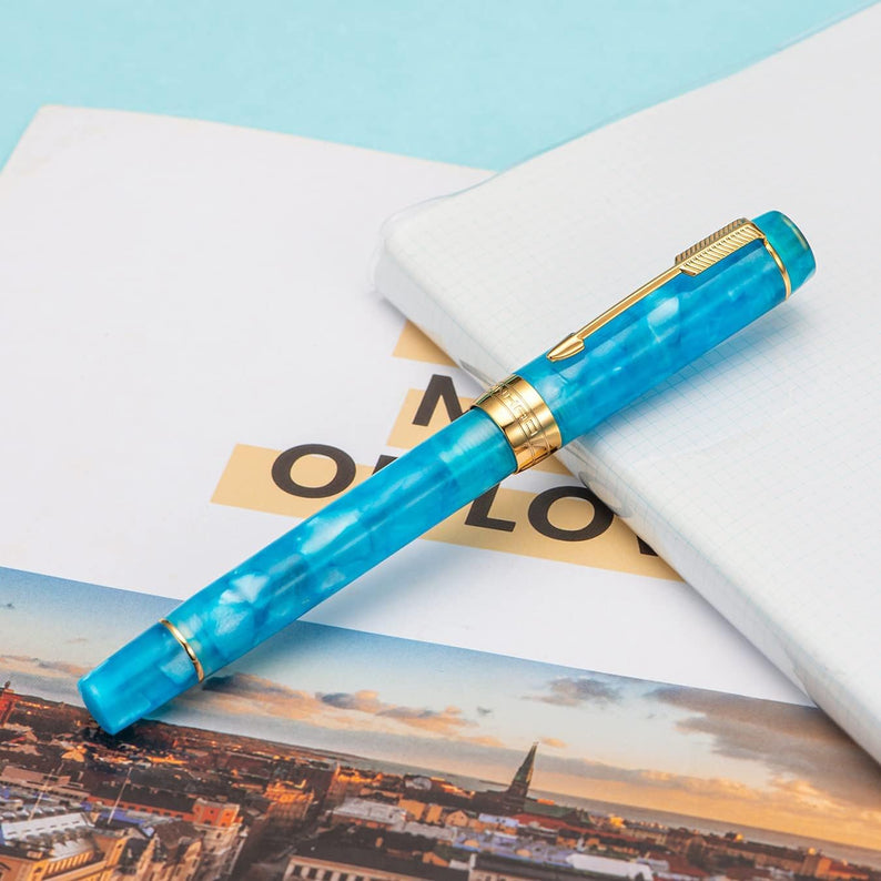 Jinhao 100 Mini Fountain Pen Fine Nib with Converter, Celluloid Marble Acrylic Body, Gold Arrow Clip – Sky Blue