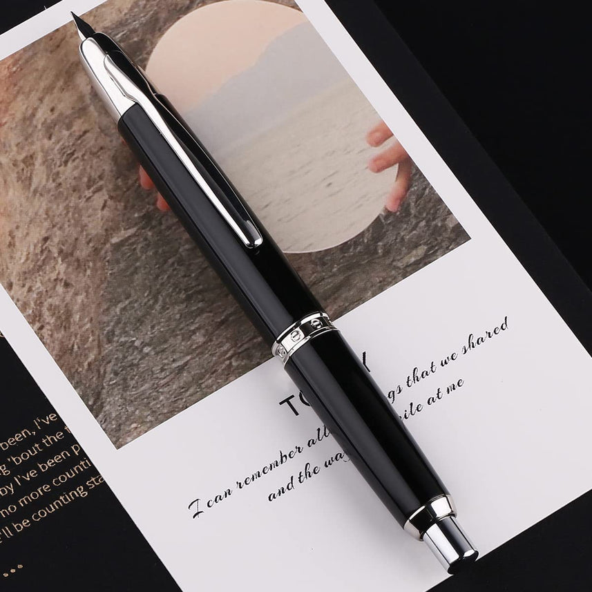 Moonman A1 Press Fountain Pen, Retractable Extra Fine Nib Metal Black Pen with Box for Writing Set (with Clip Version)