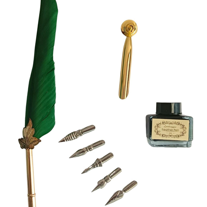 Feather Quill Pen and Ink Set – Antique Calligraphy Dip Pen with 5 Extra Nibs, Vintage Writing & Calligraphy Set