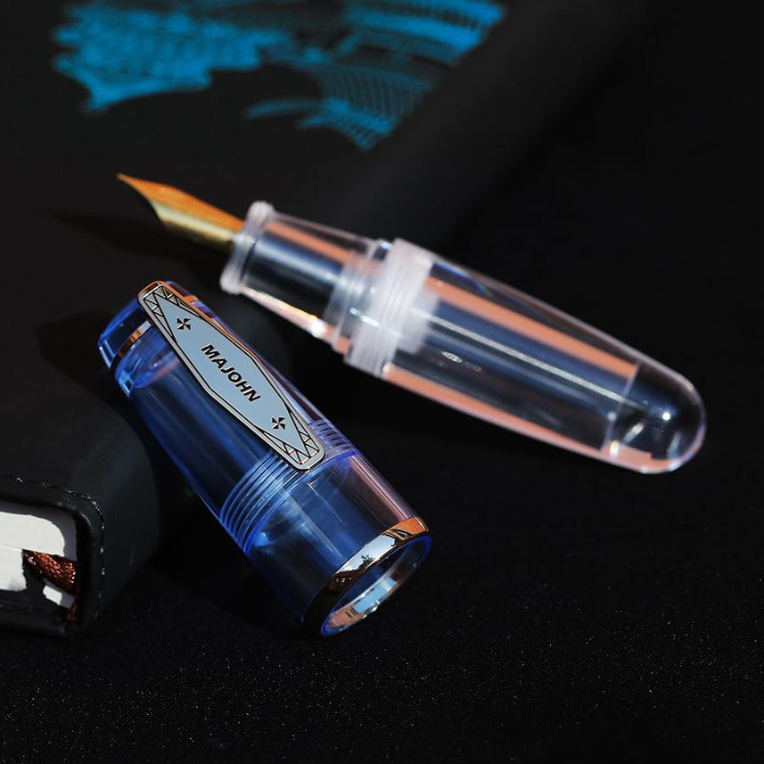 MAJOHN Q3 Mini Eyedropper Fountain Pen, Transparent Resin Short Pocket Pen, Iridium Fine Nib Large Capacity Writing Pen Case Set (Blue)