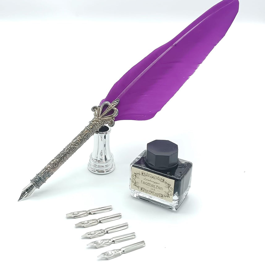 Quill Feather Pen Calligraphy Set – Antique Dip Quill Fountain Pen with 5 Replacement Nibs, 15ml Ink Bottle, Pen Holder & Writing Accessories – Vintage Stationery Gift Box (Grey / Red / Violet / Light Green / Blue)