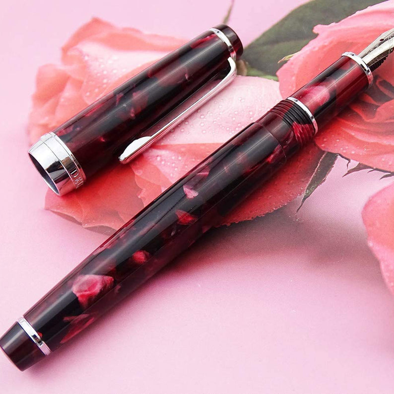 Delike | Fountain Pen | Fine | Burgundy Marble Celluloid with Converter and Gift Box Set