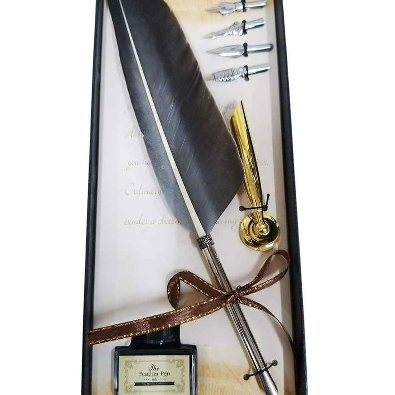 Calligraphy Feather Dip Quill Pen Writing Ink Set – Antique Feather Pen with 5 Nibs, Ink Bottle & Pen Holder – Elegant Stationery Gift Box (Green / Violet / Black)