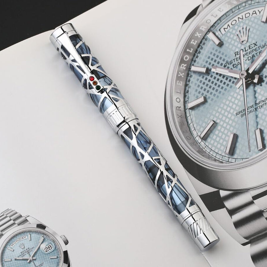 Moonman T6 Art Center Skeleton, Piston Filling 0.7MM Medium Nib Fountain Ink Pen, Light Blue Acrylic Silver Trim with Gift Box Set