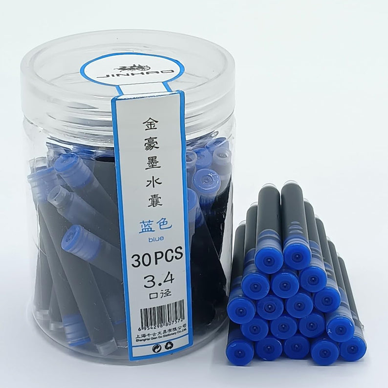 Jinhao Fountain Pen Ink Cartridges Refills, Disposable and Universal – 3.4mm Bore Diameter 30Pcs Ink Cartridges Jar for School, Student, and Office (Blue)