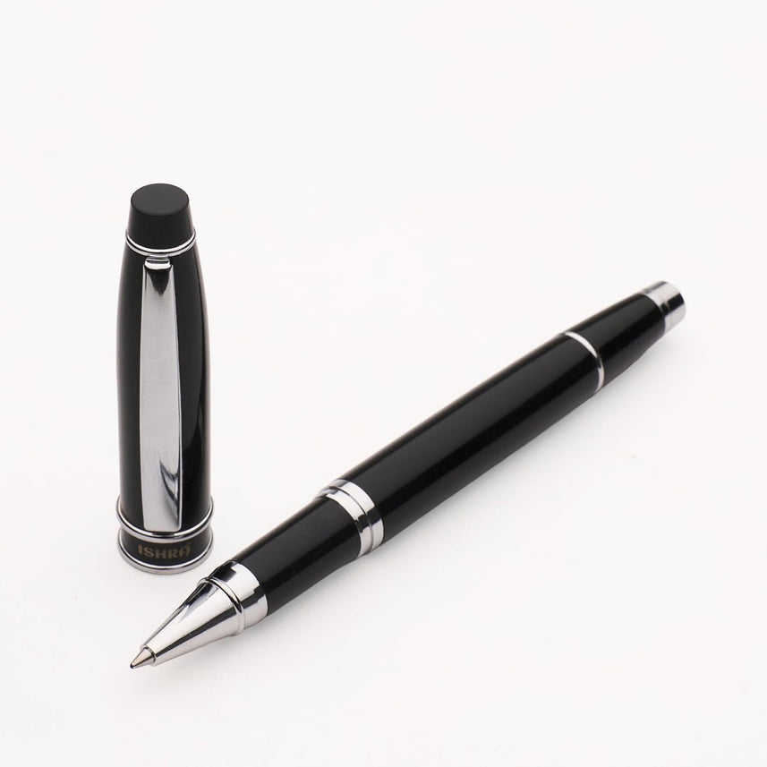 ISHRA Chrome Trim Roller Ball Pen – Black Ink