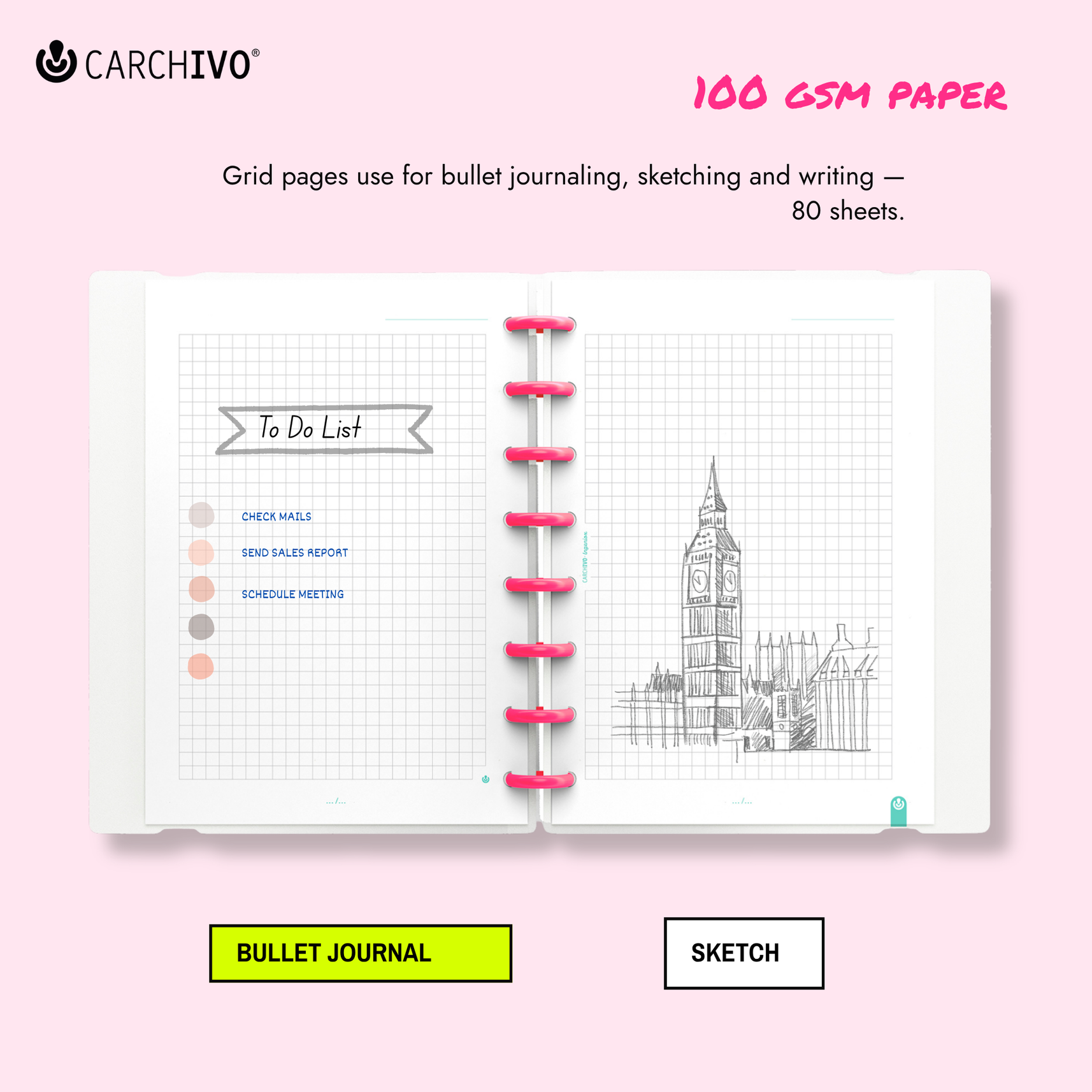 Carchivo Ingeniox My Life A5 Gridded Notebook - Pink