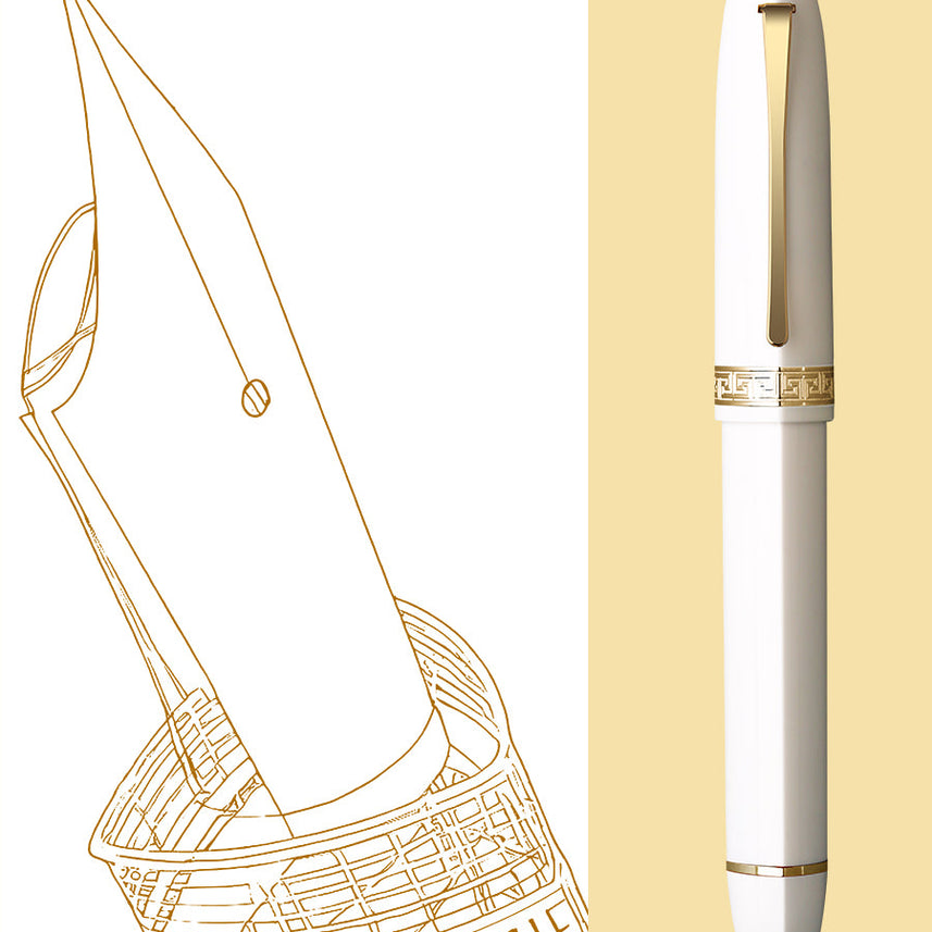 Moonman V60 Triangular Piston Fountain Pen – Ergonomic Fine Writing Instrument with Resin Body And Gift Box (White With Gold Trim & Clip)