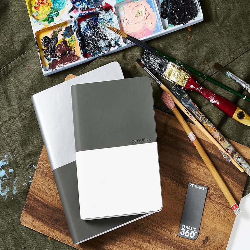 Zequenz A6 Size Grey White Notebook Squared & Blank Acid Free Paper 200 Pages each Ruling 400 Pages 70GSM 360 Degree Flexibility 100% Handmade PU and White paper Basic Plus Series