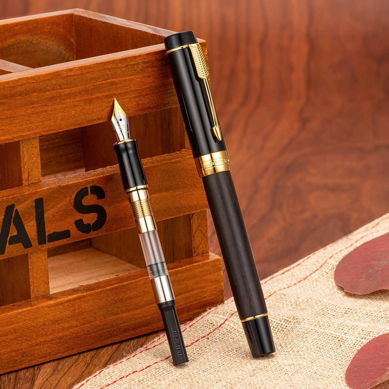 Jinhao 100 Centennial Mini Wood Fountain Pen – Fine Nib, Gold Trim, Arrow Clip – Elegant Writing Instrument (Black)