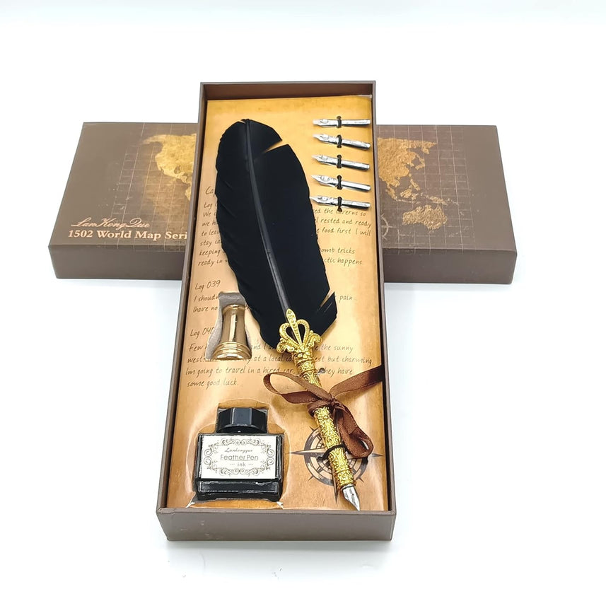 Feather Pen Quill Pen and Ink Set – Antique Calligraphy Dip Pen with 5 Extra Nibs, Refillable Ink, Pen Stand for Writing, Drawing, Signatures, Wedding & Birthday Gifts (Black)