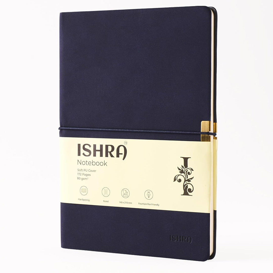 ISHRA A5 Size Ruled Notebook | Ideal Note Book Journal Diary for Work Office Writing Journaling Note Taking Travel | Navy Blue Soft Cover| 172 Pages | 80gsm | Fountain Pen Friendly Paper