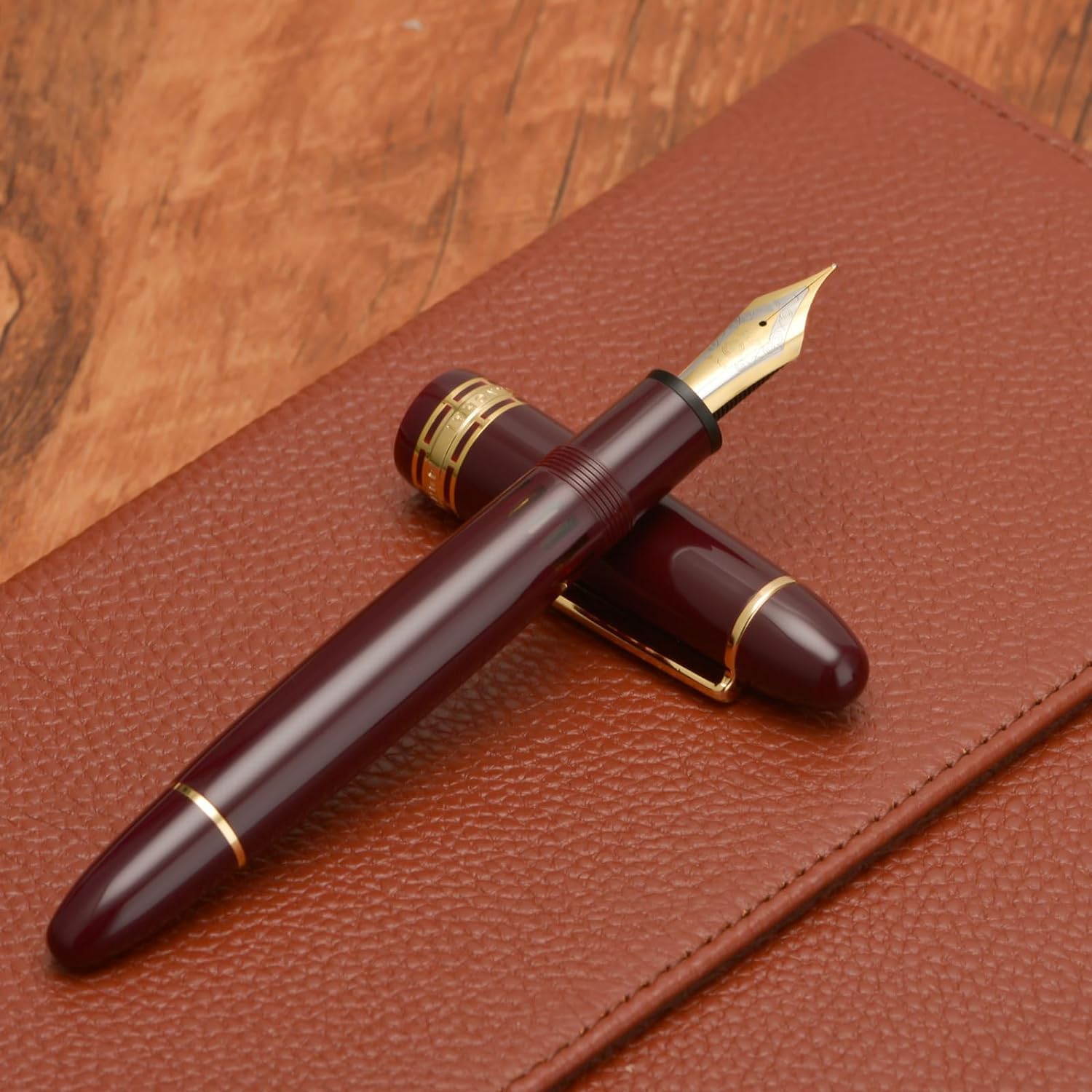 Wing Sung 630 - 14K Gold Nib Resin Fountain Pen, Size 8 Nib (1.0mm) with Piston Filling System, Piano Black With Transparent Band Design