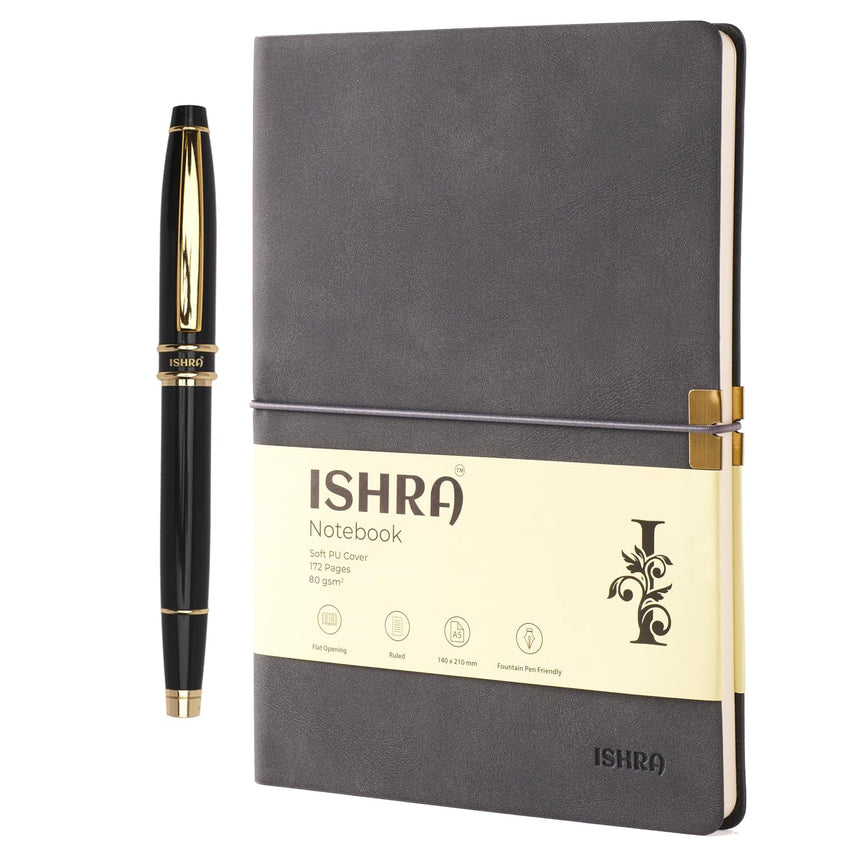 ISHRA Dark Grey Gold Trim Notebook & Pen Gift Set – Blue Ink