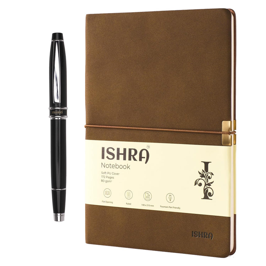 ISHRA Brown Chrome Trim Notebook & Pen Gift Set – Blue Ink