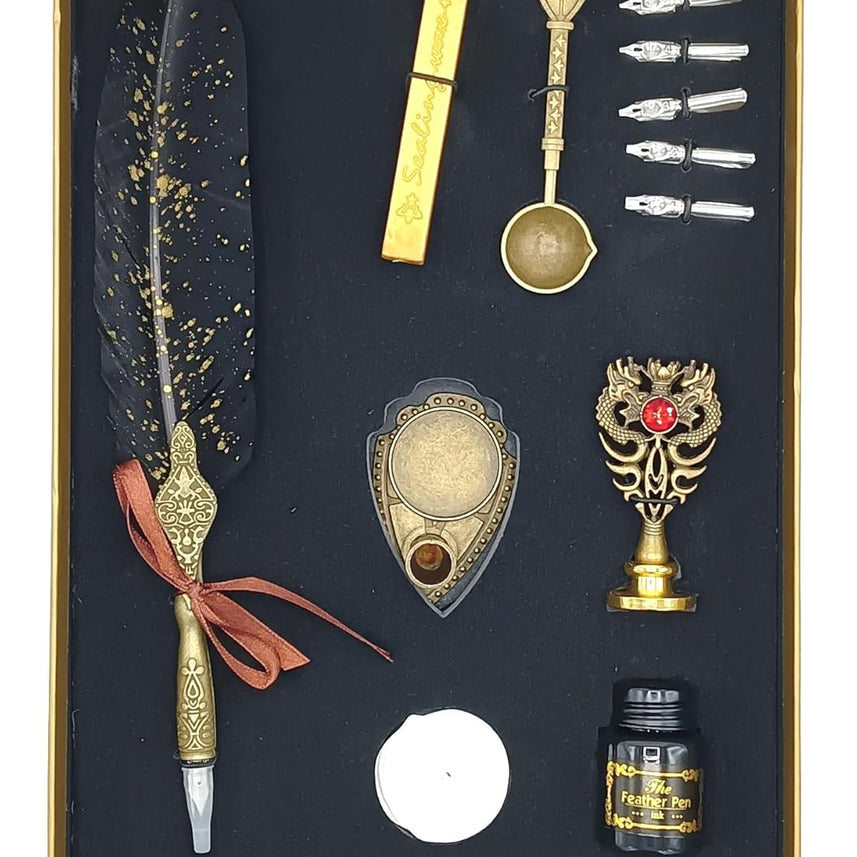 Feather Calligraphy Pen Ink Set – Quill Dip Pen with 5 Nibs, Ink, Wax Seal Stamp Kit & Gift Box (Available in Maroon, Green, Black & White)