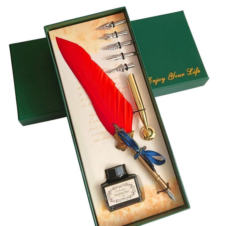 Feather Quill Pen and Ink Set – Antique Calligraphy Dip Pen with 5 Ext ...