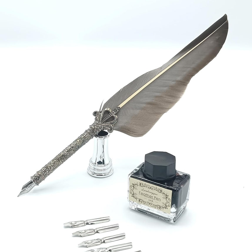 Quill Feather Pen Calligraphy Set – Antique Dip Quill Fountain Pen with 5 Replacement Nibs, 15ml Ink Bottle, Pen Holder & Writing Accessories – Vintage Stationery Gift Box (Grey / Red / Violet / Light Green / Blue)