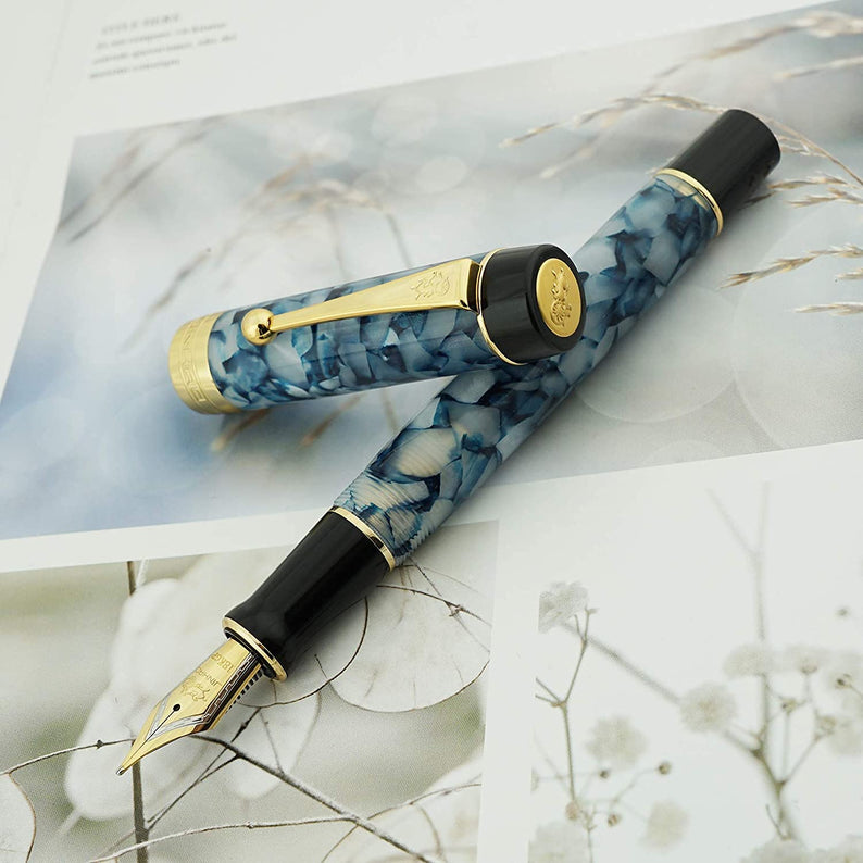 Jinhao 100 Classic Fountain Pen Blue White Celluloid, Fine Nib with Converter