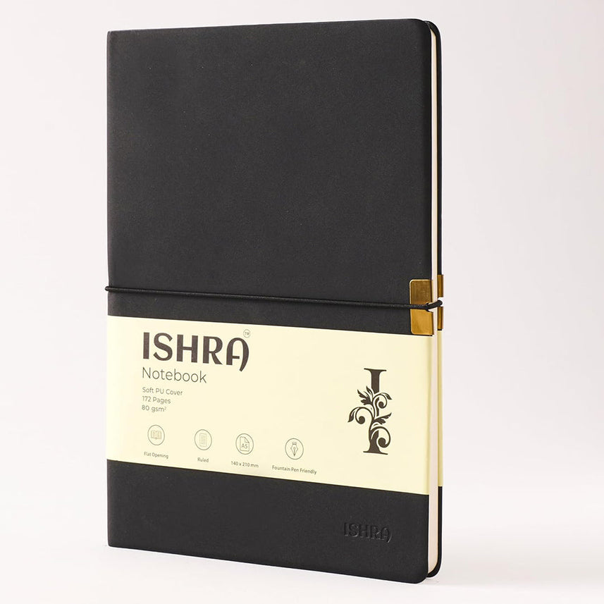 ISHRA A5 Size Ruled Notebook | Ideal Note Book Journal Diary for Work Office Writing Journaling Note Taking Travel | Black Soft Cover| 172 Pages | 80gsm | Fountain Pen Friendly Paper