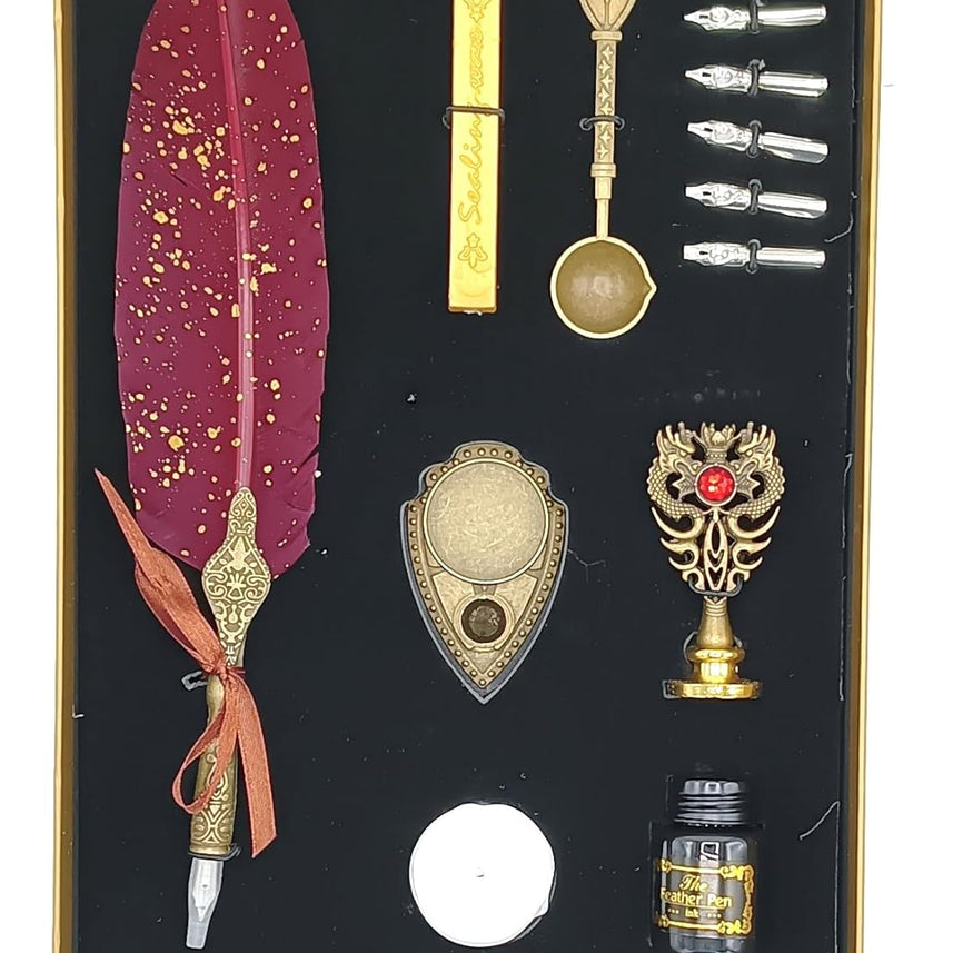 Feather Calligraphy Pen Ink Set – Quill Dip Pen with 5 Nibs, Ink, Wax Seal Stamp Kit & Gift Box (Available in Maroon, Green, Black & White)