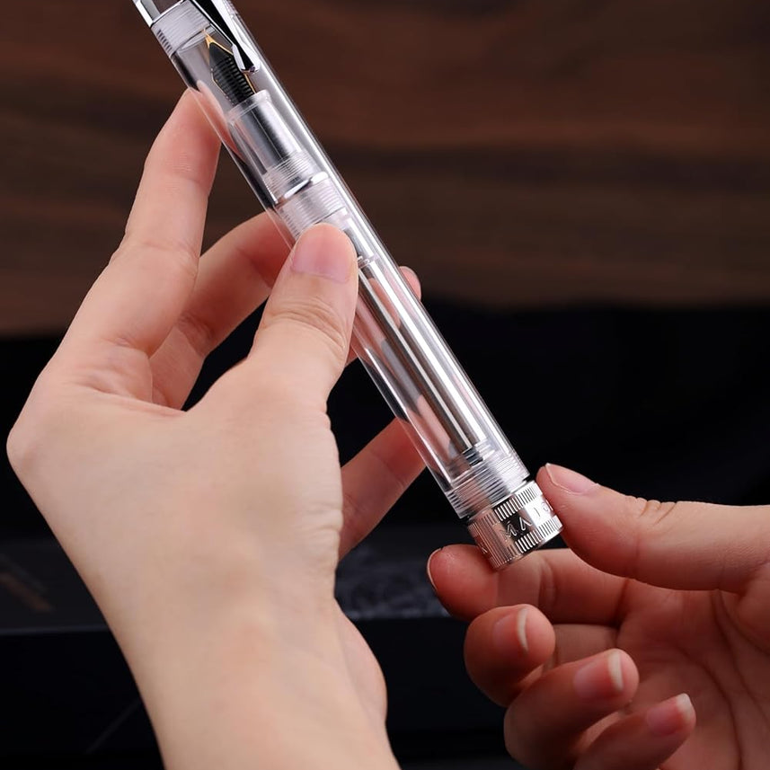 Majohn V1 Vacuum Filling Fountain Pen Fine Nib Transparent Acrylic Demonstration Writing Gift Pen with Box (Silver Clip)