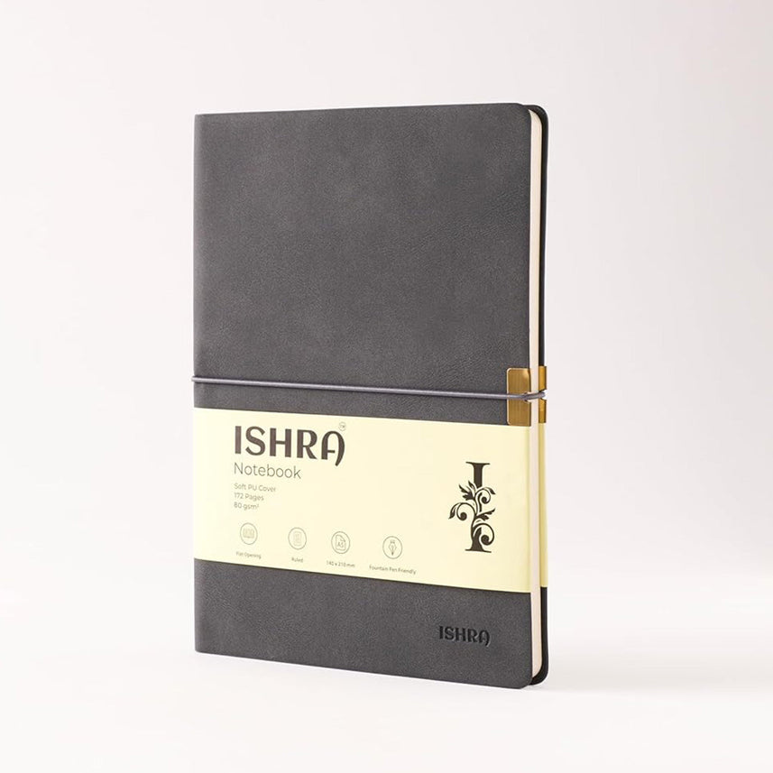 ISHRA A5 Size Ruled Notebook | Ideal Note Book Journal Diary for Work Office Writing Journaling Note Taking Travel | Dark Grey Soft Cover| 172 Pages | 80gsm | Fountain Pen Friendly Paper