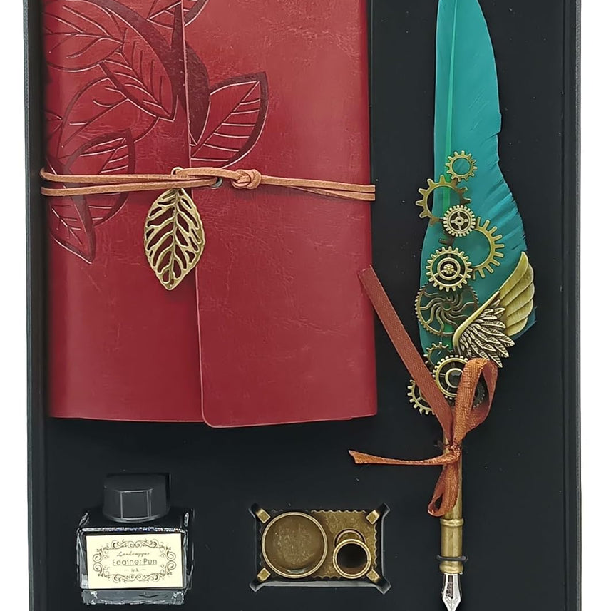 Feather Pen Ink Set – Quill Dip Pen with Leather Notebook, Ink Bottle & Pen Holder, Antique Calligraphy Stationery Gift (Sky Blue / Green)