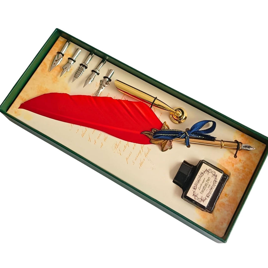 Feather Quill Pen and Ink Set – Antique Calligraphy Dip Pen with 5 Extra Nibs, Vintage Writing & Calligraphy Set