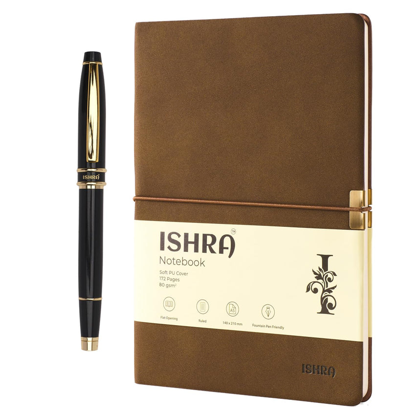 ISHRA Brown Gold Trim Notebook & Pen Gift Set – Blue Ink