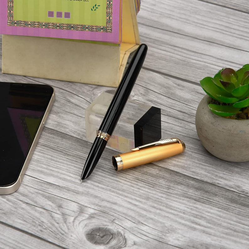 Jinhao 85 Extra Fine Nib Black Fountain Pen with Riffil Ink Converter (Gold Cap)