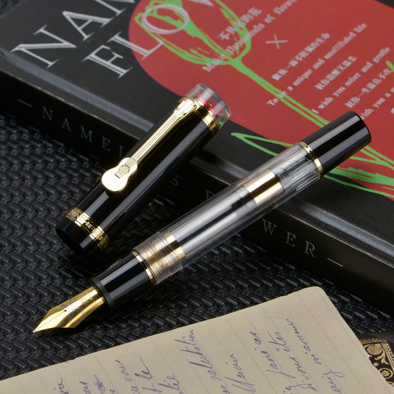 Jinhao 1935 Tiandao Series Fountain Pen – Black & Clear Acrylic Body, Dualtone Medium Nib, Gold Guitar Clip With Large Converter