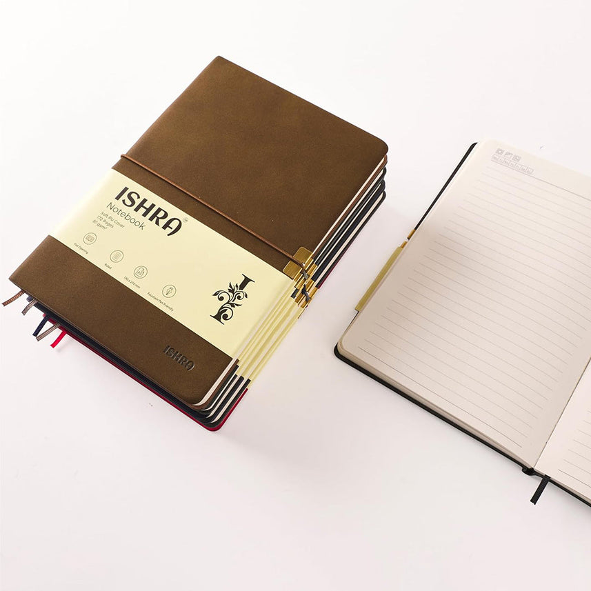 ISHRA A5 Size Ruled Notebook | Ideal Note Book Journal Diary for Work Office Writing Journaling Note Taking Travel | Brown Soft Cover| 172 Pages | 80gsm | Fountain Pen Friendly Paper