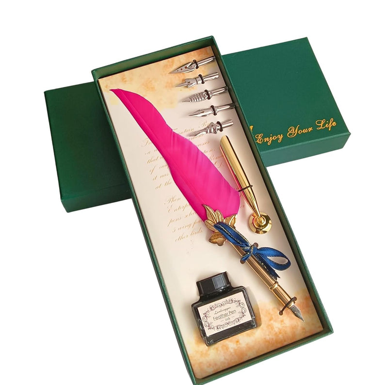 Feather Quill Pen and Ink Set – Antique Calligraphy Dip Pen with 5 Extra Nibs, Vintage Writing & Calligraphy Set
