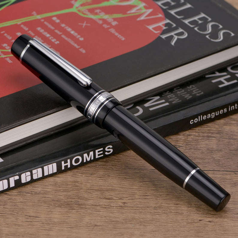 WingSung Junlai 930 Acrylic Fountain Pen – Flat Top Design with Piston Filling System, Size #9 Iridium Nib in Fine, Medium & Broad – Piano Black Fence Ink Tank with Silver Trim (No Ink)