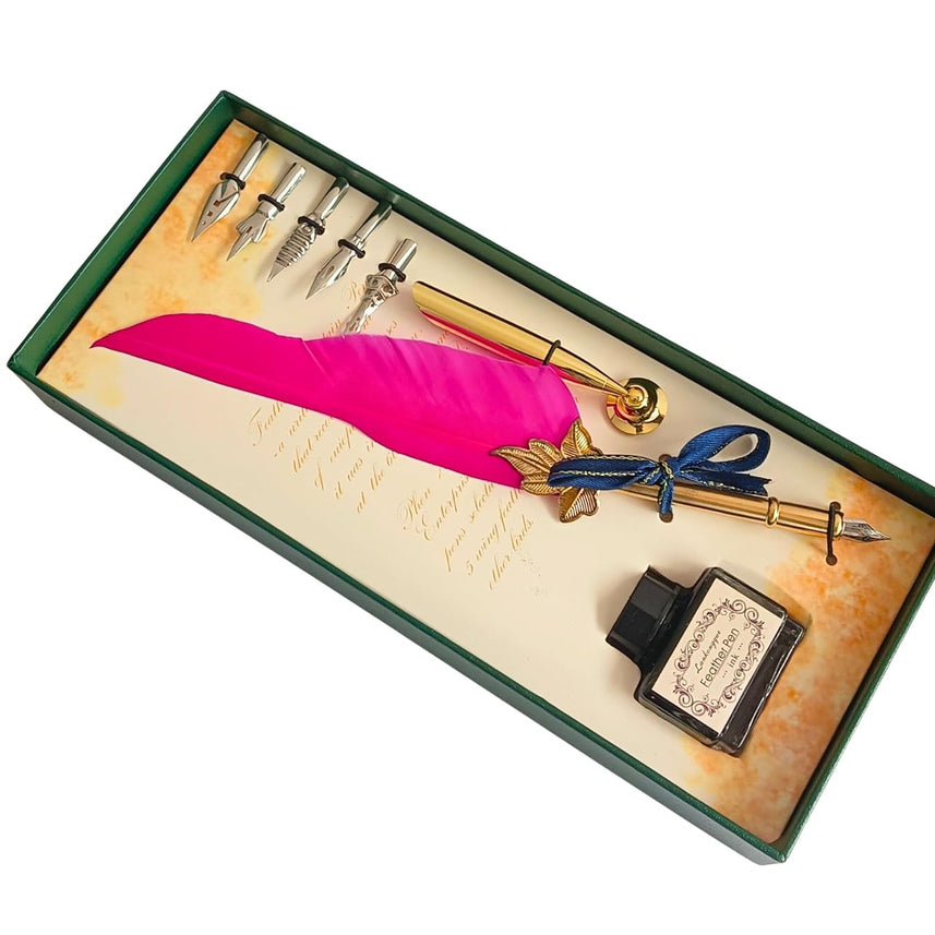 Feather Quill Pen and Ink Set – Antique Calligraphy Dip Pen with 5 Extra Nibs, Vintage Writing & Calligraphy Set