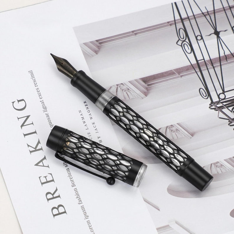 Jinhao 100 Matte Black Fountain Pen – Water Drop Skeleton Transparent Body, Medium Nib with Converter