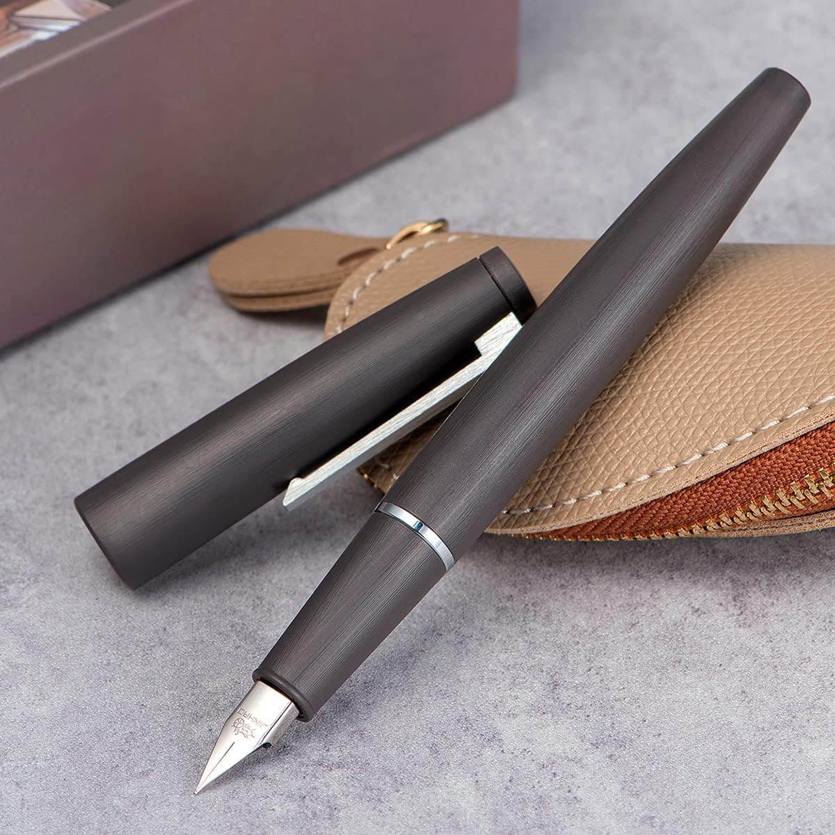 Jinhao 80 Grey Fiber Brushed Fountain Pen, Iridium Fine and Silver Nib with Ink Converter (Silver Clip)
