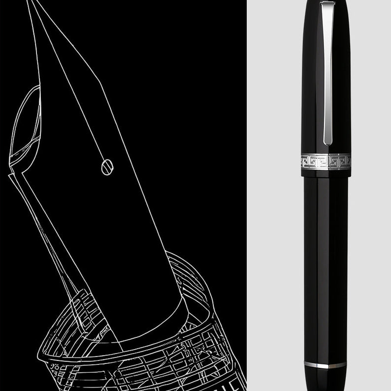 Moonman V60 Triangular Piston Fountain Pen – Ergonomic Fine Writing Instrument with Resin Body And Gift Box (Black With Silver Trim & Clip)