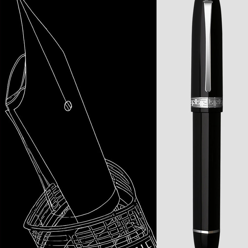 Moonman V60 Triangular Piston Fountain Pen – Ergonomic Fine Writing Instrument with Resin Body And Gift Box (Black With Silver Trim & Clip)